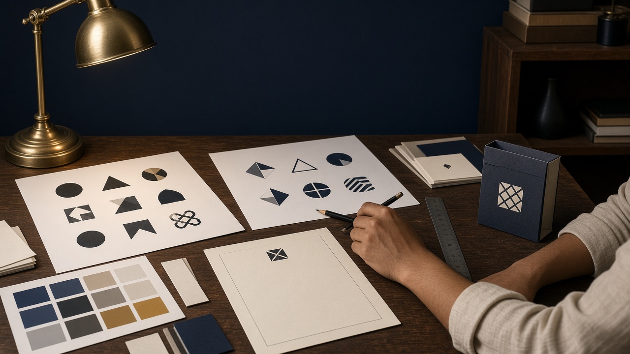 Conceptual photograph of a designer developing an identity system with type sheets and colour chips