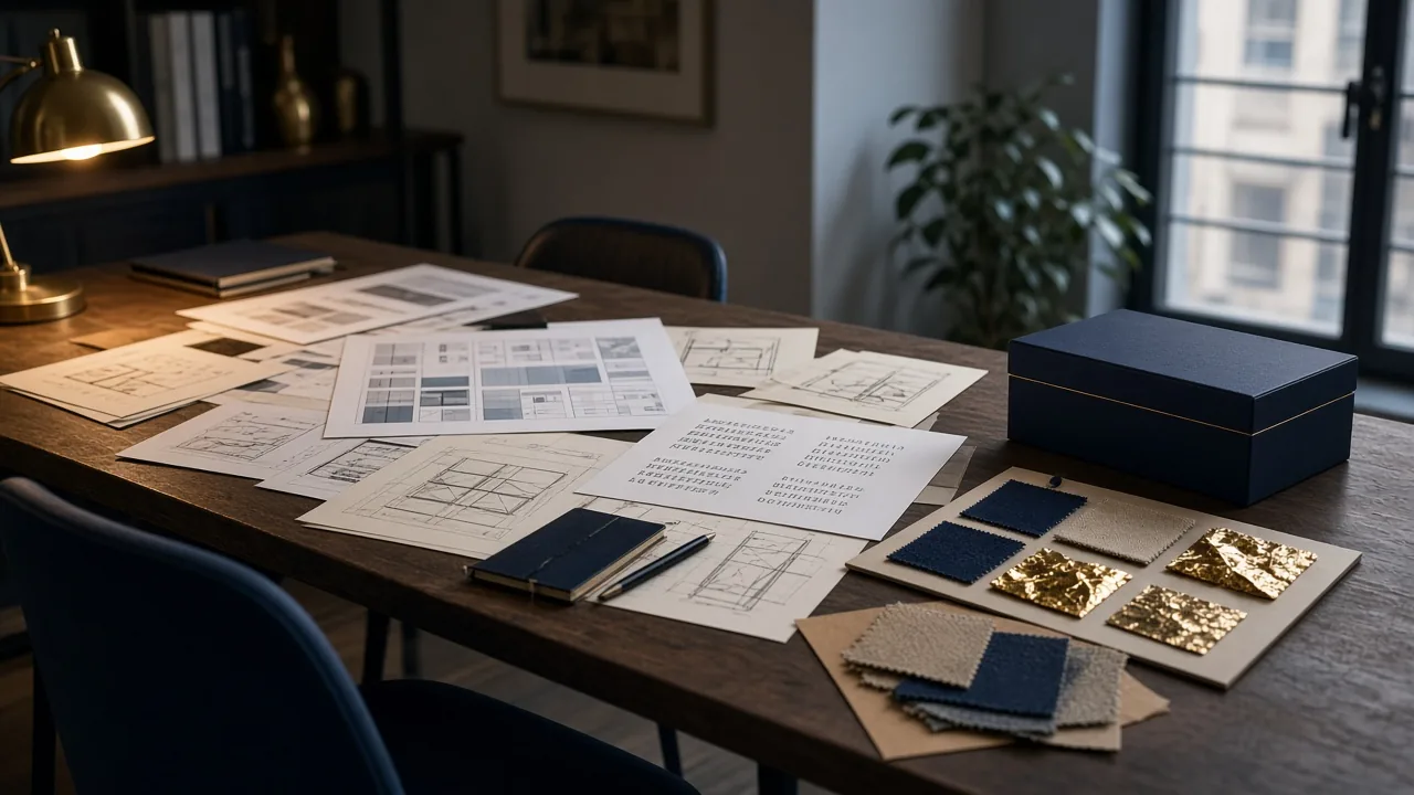 Conceptual photograph of a brand-strategy desk with sketches, type sheets and material samples