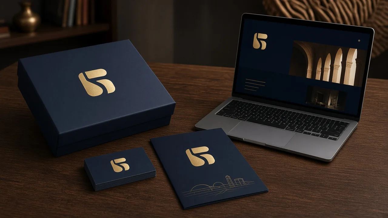 Conceptual photograph of a finished identity system with print, pack and a laptop