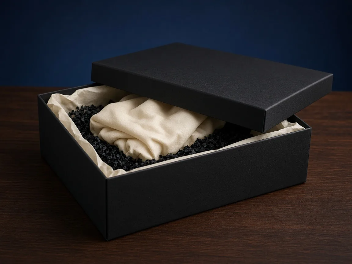 Printed rigid packaging material — empty box structure, not a filled product